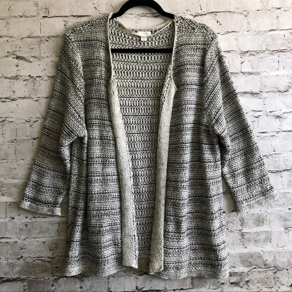Pure J Jill Open Front Black White Knit Stripe 3/4 Sleeve Shawl Sweater